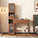 Makeup vanity featuring storage cabinets, open shelves, and multiple drawers for organization main product image